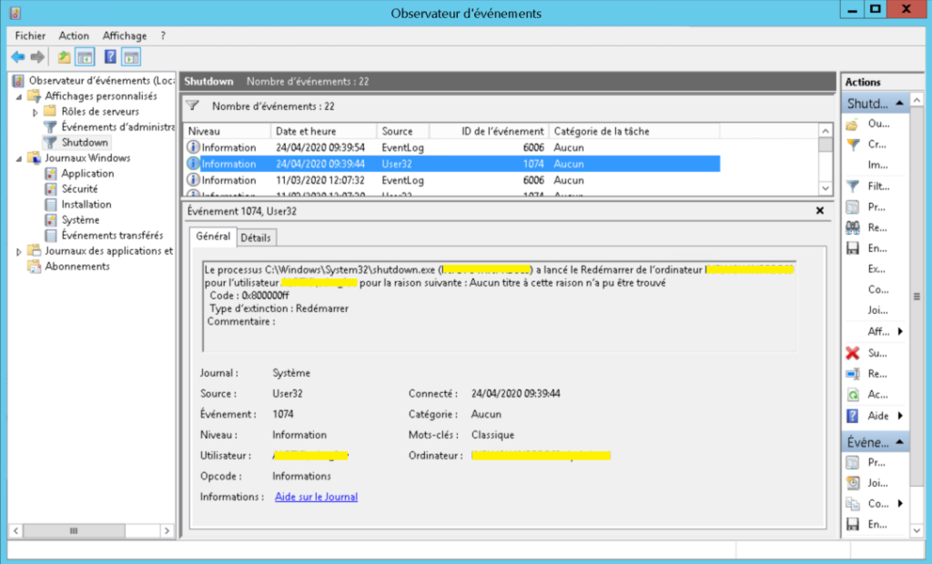 Windows event ID Identifier la source d'un reboot TeddyCorp